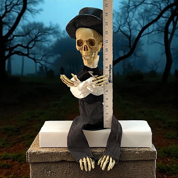 Animatronic Halloween Skeleton With Top Hat And Red Glowing Eyes 15" Tall Sittn' - Picture 8 of 8